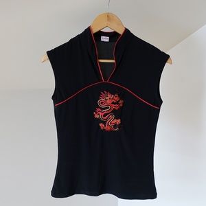 Y2K Dragon Print Top w Mandarin Collar